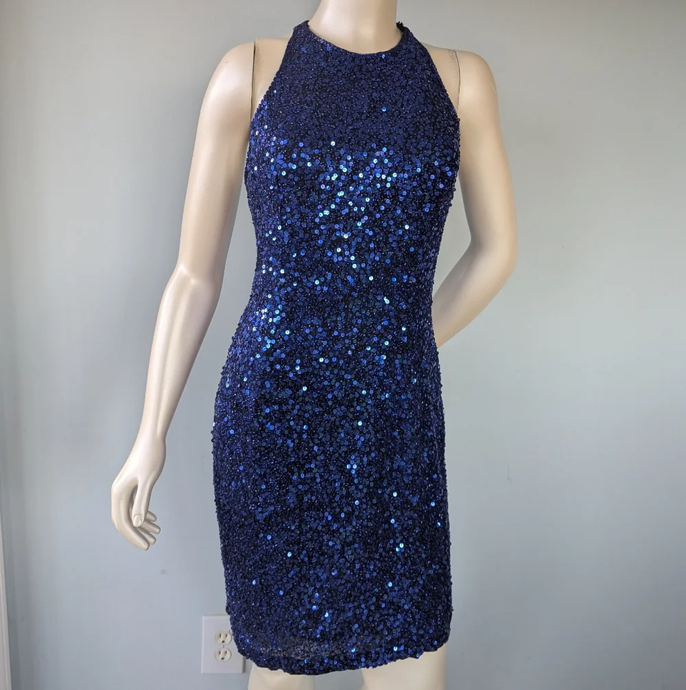Vintage Oleg Cassini Neiman Marcus Blue Sequin Beaded Silk Cocktail Dress - Picture 6 of 12